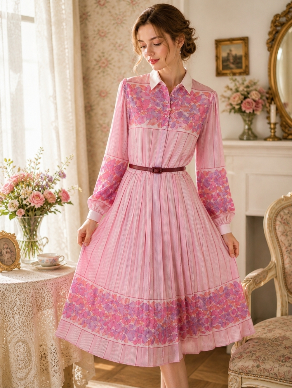 VINTAGE 70s Midi Dress Womens Small Pink Purple Floral Pleated Prairie